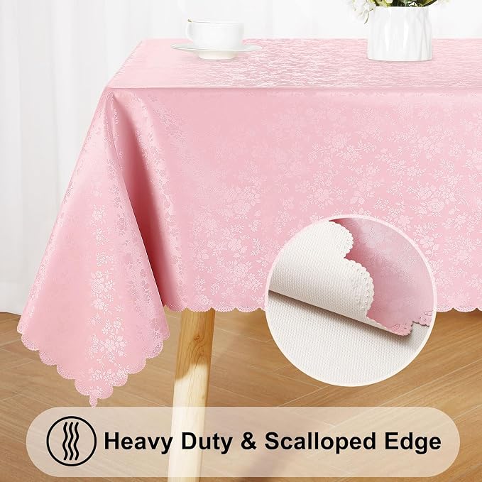 Smiry Round Waterproof Heavy Duty Vinyl Tablecloths, 70 x 70 Inch | Wipeable Washable Floral Embossed Table Cover for Kitchen and Dining Room, Indoor & Outdoor Use, Pink - Image 4