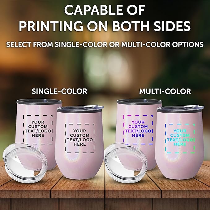 Custom Palmera Stemless Wine Tumblers with Lids 12 oz. Set of 24, Personalized Bulk Pack - Perfect for Wine, Cocktails, Other Hot & Cold Beverages - Iridescent Pink