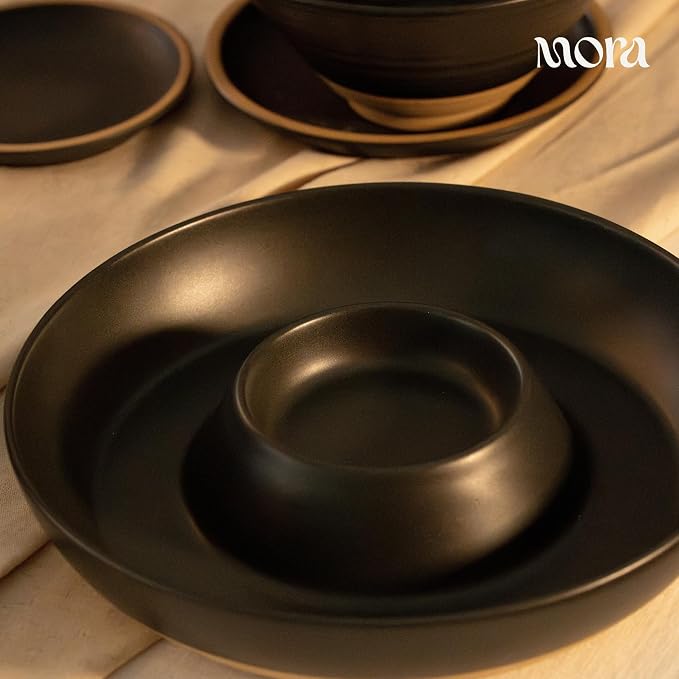 MORA Ceramic Chips and Dip Serving Tray: Large Divided Party Bowl Set for Chips & Salsa, Veggies & Dip, Fruit, Snacks, Entertaining, Hosting, etc. Minimalist Design for the Modern Hostess - Liquorice - Image 6