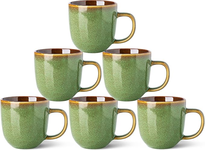 LERATIO Ceramic Coffee Mugs Set of 6,12oz Handmade Coffee Mugs Set with Large Handle for Cappuccino/Latte/Tea/Hot Cocoa, Dishwasher & Microwave Safe-Sage Meadow Green by LeRatio