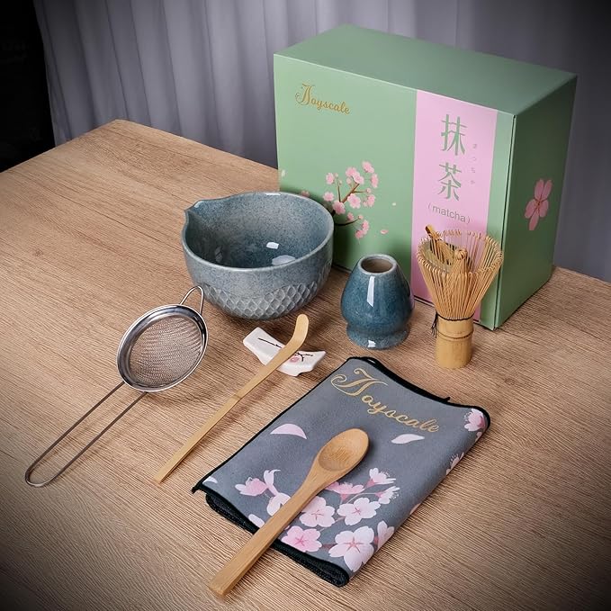 Joyscale Matcha Whisk Set, Matcha Set Whisk And Bowl, 8 Pcs Matcha Kit Set(Texture Design), 16 OZ, Japanese Matcha Tea Set, Matcha Making Kit Gifts for Tea Lovers(Sapphire Blue)