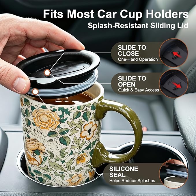 Topadorn 17oz Ceramic Travel Mug with Lid, William Morris Bird & Rose | Coffee Mug with Handle, Vintage Botanical Latte Cup, Microwave & Dishwasher Safe - Image 6