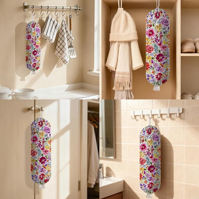 Plastic Bag Holder Dispenser, Plastic Grocery Bag Organizer & Wall Mount Paper Trash Bags Saver Storage for Kitchen Home Pantry Decor, Colorful Floral Kitchen Decor Shopping Bags Storage Dispenser - Image 7