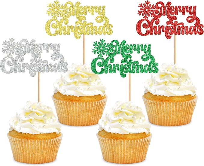 24 Pack Christmas Cupcake Toppers - Merry Christmas & Xmas Holiday Cupcake Picks - Boy Girl Baby Shower & Birthday Party Cake Decorations by Cyodoos