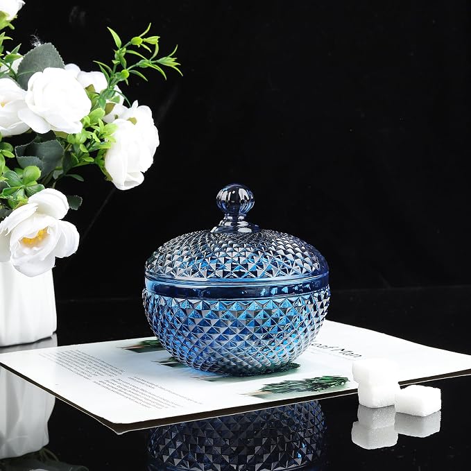 Joeyan 12 oz Small Blue Glass Jewelry Box Jars with Lid,Embossed Glass Candy Dishes,Diamond Faceted Food Container,Decorative Apothecary Canisters,Colored Kitchen Bathroom Buffet Storage Organizer - Image 6