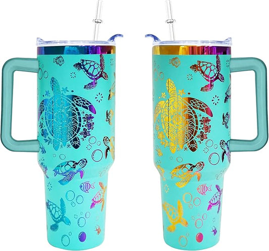 40 oz Sea Turtles Laser Engraving Tumbler With Handle With Lid Straw Double Insulated Travel Coffee Cup Sea Turtles Travel Accessories Must Have Gifts For Women