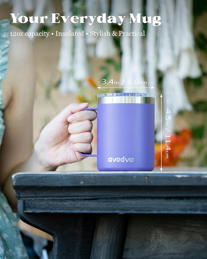 12oz Insulated Coffee Mug with Lid – Includes Two Lids, Stainless Steel Coffee Travel Mug with Handle, Double Wall Vacuum Insulated Camping Mug for Home, Office & Outdoor, Dark Purple - Image 4