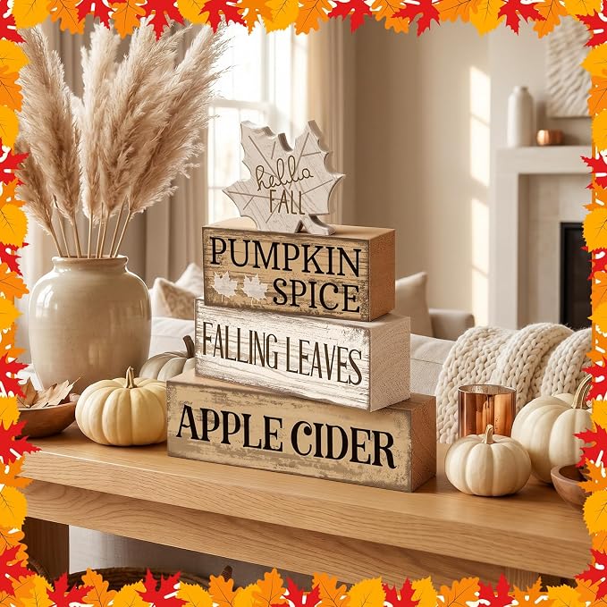 Moucuny 4 Pcs Neutral Fall Table Decor for Home Maple Leaf Wooden Blocks | Thanksgiving Tiered Tray Decor, Brown and White Rustic Maple Leaf Block Signs Gift Fall Centerpiece for Harvest Home Kitchen - Image 4