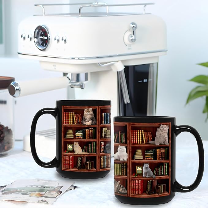 Cat Book Coffee Mug, Library Bookshelf Large Tea Cup, Black, 15oz | Ceramic, Comfortable Handle, Novelty Bookish Gifts for Book Lovers, Cat Lovers, Women, Men, Readers, Writers, Bookworms - Image 8