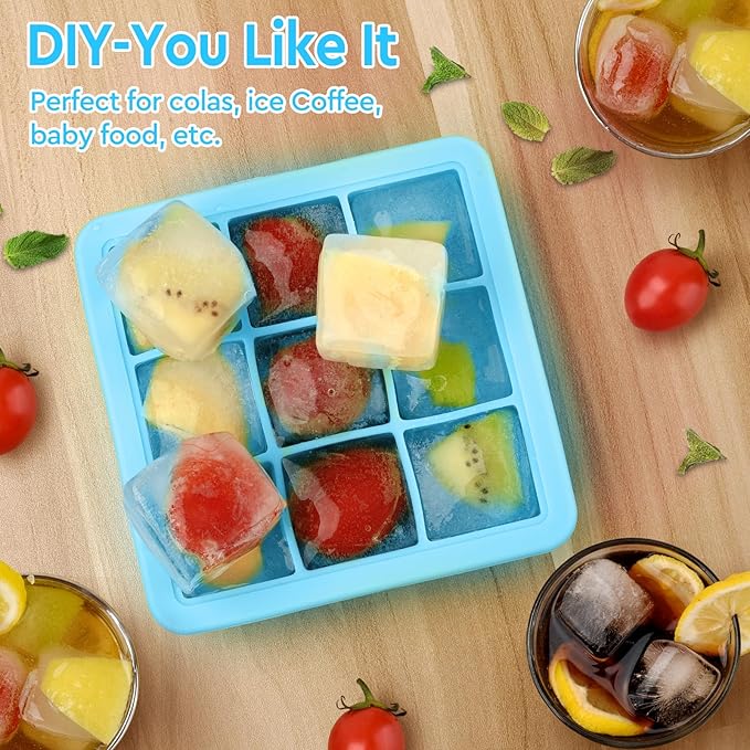 2 Pack Silicone Ice Cube Tray with Lid,Small Ice Trays for Freezer,Ice Cube Trays for Mini Fridge Freezer with Cover,Square Ice Cube mold for Cocktail,Coffee,Drinks,Baby Food,BPA Free,Blue