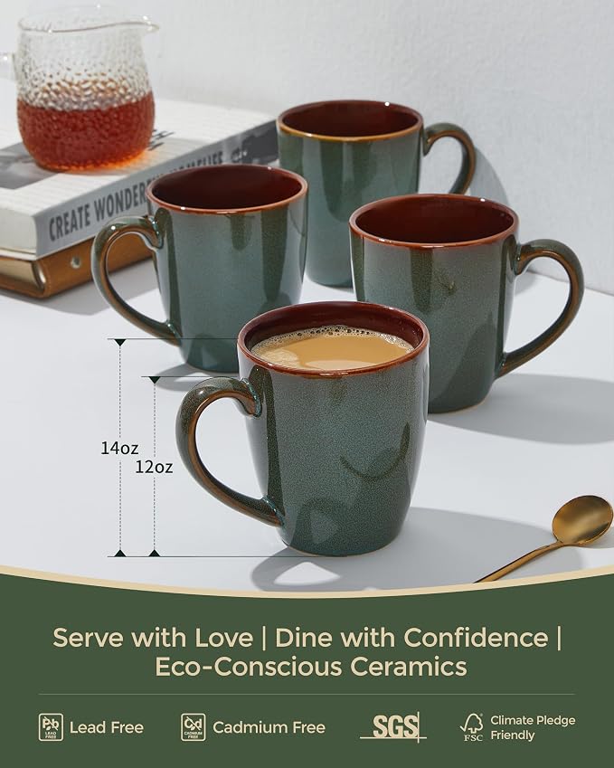 Pokini Coffee Mug 14 oz, Ceramic Coffee Mugs Set of 4, Reactive Glaze Mug for Latte/Tea/Cappuccino, Large Stackable Mug Set for Men, Women, Dad, Mom, Dishwasher & Microwave Safe, Brown Green - Image 3