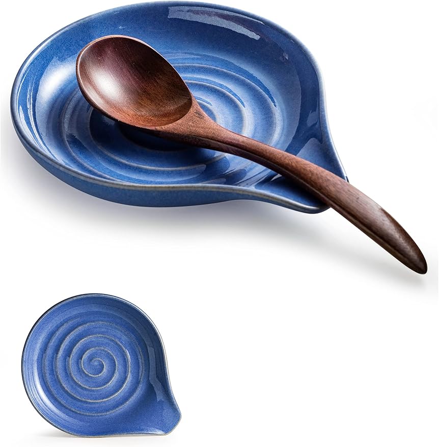 Spoon Rest, Large Ceramic Spoon Holder for Stove Top, Heat-Resistant Cooking Spoon Rest for Kitchen Counter Decor, 5 Inches, Blue by Cormomu