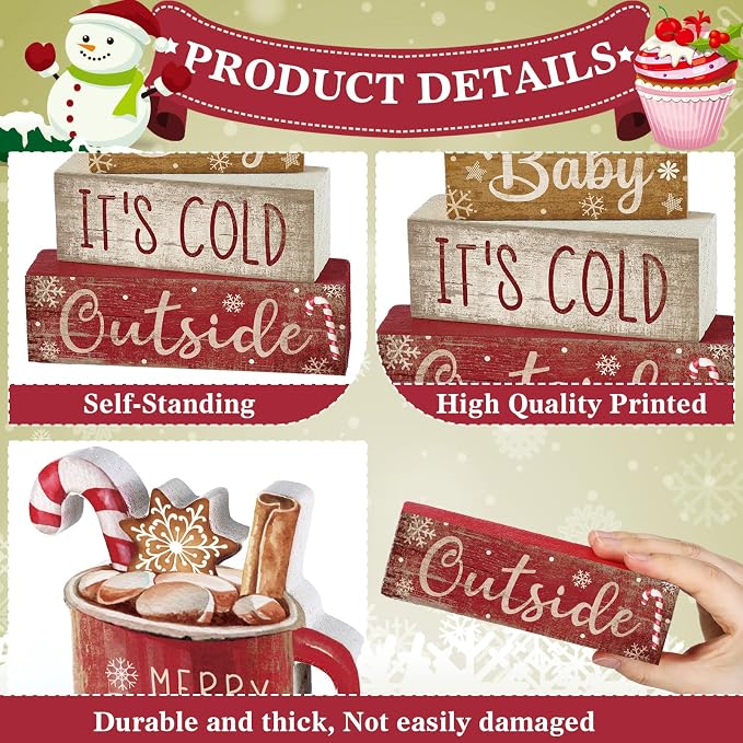 Moucuny 4 Pcs Christmas Table Decor Wooden Hot Cocoa Decoration Christmas Centerpiece Winter Tiered Tray Decor Decorative Red Hot Cocoa Block Signs Gift Farmhouse Xmas Decoration for Home Kitchen - Image 4