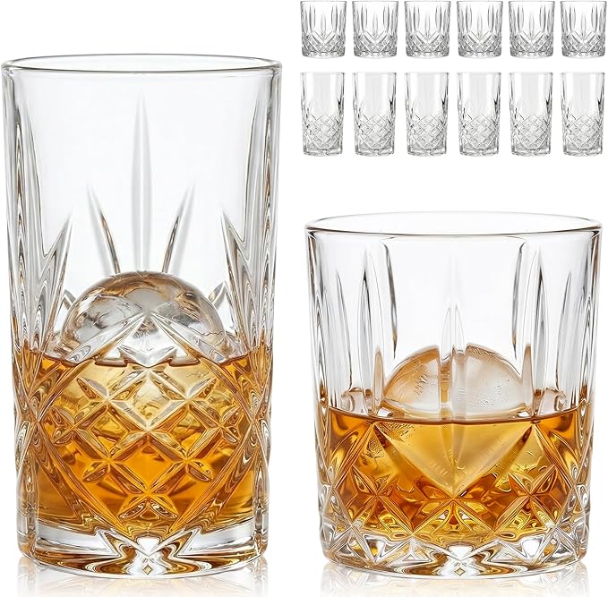 Moretoes Crystal Whisky Drinking Glasses Set of 12, Glass Cups | Mixed Glassware Set, 12 Oz Highball Glasses & 11 Oz Old Fashioned Glasses, Great for Cocktail and Other Beverages by Moretoes