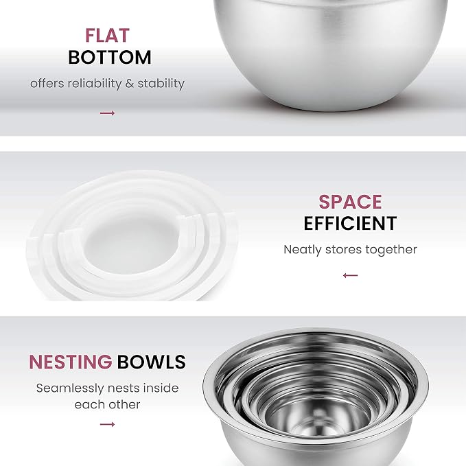 FineDine Stainless Steel Mixing Bowls Set with Lids, Home Kitchen Cooking Essentials Household Must Haves for Baking, 5 Pieces - Image 4