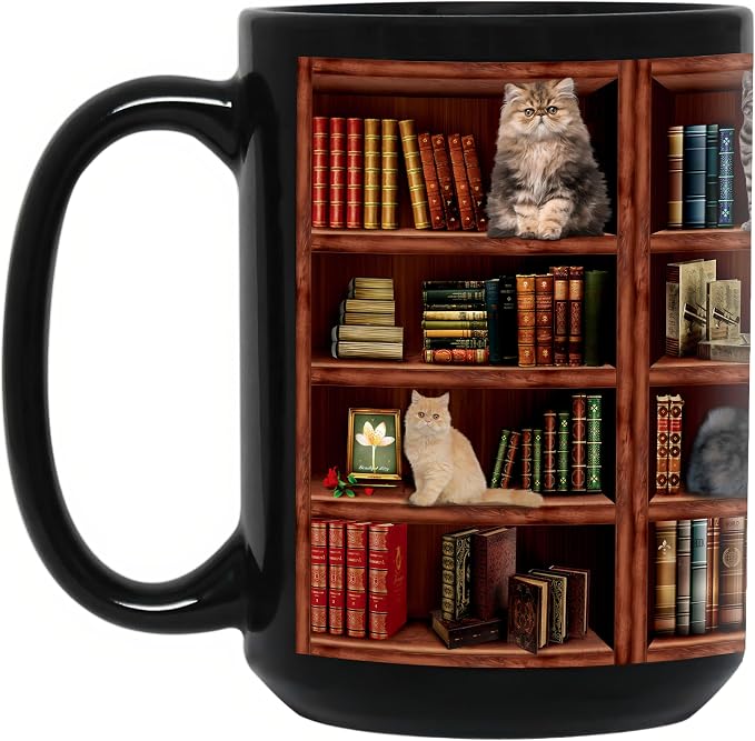 Cat Book Coffee Mug, Library Bookshelf Large Tea Cup, Black, 15oz | Ceramic, Comfortable Handle, Novelty Bookish Gifts for Book Lovers, Cat Lovers, Women, Men, Readers, Writers, Bookworms - Image 2