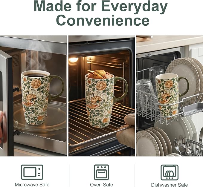 Topadorn 17oz Ceramic Travel Mug with Lid, William Morris Bird & Rose | Coffee Mug with Handle, Vintage Botanical Latte Cup, Microwave & Dishwasher Safe - Image 4