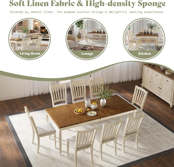 AMERLIFE Set of 8 Farmhouse Dining Chairs with Upholstered Seats, Cream | Farmhouse Style, Curved Backrests, Solid Wood Legs, Padded Upholstery, Rustic Cream Finish - Image 9