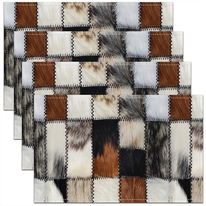 Feelyou 3D Cow Fur Print Placemats Set of 4 Western Farmhouse Animals Table Mats Cowhide Patchwork Plaid Place Mat for Kitchen Dining Table Party Decor Indoor Outdoor 18"x12" Non-Slip Easy to Clean by Feelyou