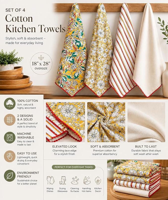 TARAN LIVING Printed Cotton Kitchen Towels – Set of 4 Soft & Absorbent Dish Towels with Hanging Loops (18x28 in) - Image 4