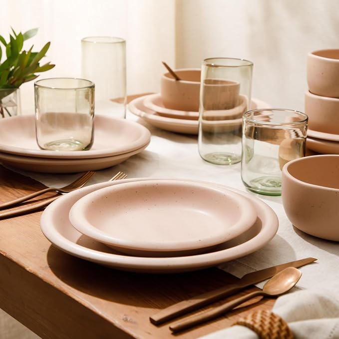Bloomhouse - Two Time Oprah's Favorite Things Winner - Corsica Clay 12 Piece Stoneware Rustic Reactive Glaze Dinnerware Set - Stackable Plates and Bowls Set. Service for 4 - Matte Prosecco Blush Pink - Image 2