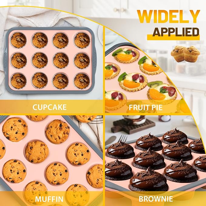 Silicone Muffin Pan, 12 Cups Non-Stick Cupcake Pan, Food-Grade BPA-Free Muffin Tin, Oven-Safe 450 °F, Reinforced Steel Frame, Easy-Grab Handles, Quick-Release 2.3" Baking Molds for Mini Treats - Image 6