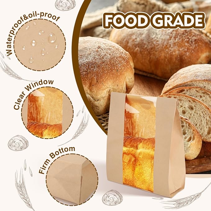 30 Pieces Paper Bread Loaf Bag Toast Paper Bag Brown Bakery Bag with Window for Food Storage(13.8" x 8.3" x 3.5") - Image 3