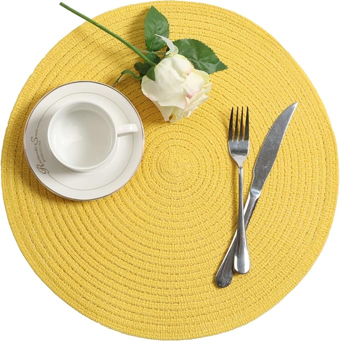 SHACOS Round Braided Placemats Set of 6 Kitchen Place Mats 15 inch Round Table Mats for Dining Tables Washable (Yellow, 6) - Image 3