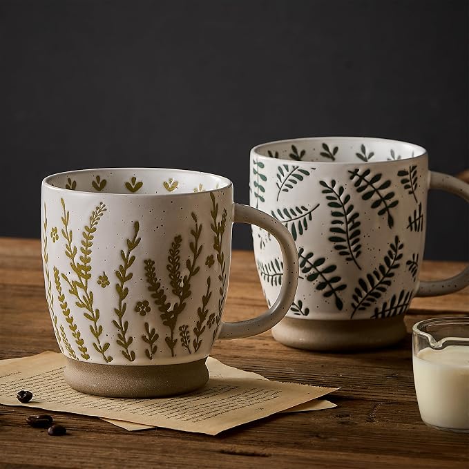 18 Oz Large Ceramic Coffee Mug Set of 2 - Rustic Handmade Floral Mugs with Handle, Microwave Safe for Latte Espresso Cappuccino Tea Cocoa Milk, Modern Unique Big Cups for Kitchen Women(Sage Green) - Image 4