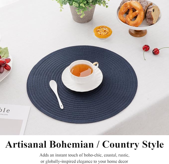 SHACOS Round Placemats Set of 6 Washable 15 inch Circle Polyester Woven Braided Place Mats for Dining Table Indoor Outdoor Table Mats Home Party Wedding Decor (Navy, 6) - Image 5