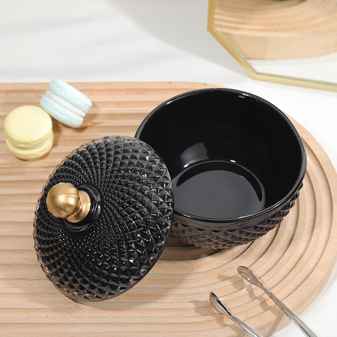 Joeyan 12 oz Small Black Glass Jars with Lid,Embossed Glass Candy Dishes,Diamond Faceted Food Container,Decorative Jewelry Box Apothecary Canisters,Colored Kitchen Bathroom Buffet Storage Organizer - Image 5