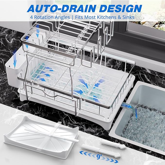 Godboat 2-Tier Dish Drying Rack - 304 Stainless Steel Dish Rack Auto Drain | Dish Racks for Kitchen Counter, Dish Drainer with Knife Fork & Cup Rack, Gifts for Women, Mothers Day, Kitchen Gadget, Silver - Image 4
