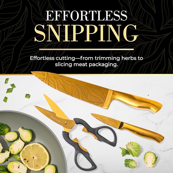 Styled Settings Gold Knives with Etched Leaves Pattern and Sharpener Block | 14-Piece Gold Titanium-Coated Blades with Beautiful Pattern, Ultra-Sharp Stainless Steel, & Stylish Kitchen Knife Block Set - Image 7
