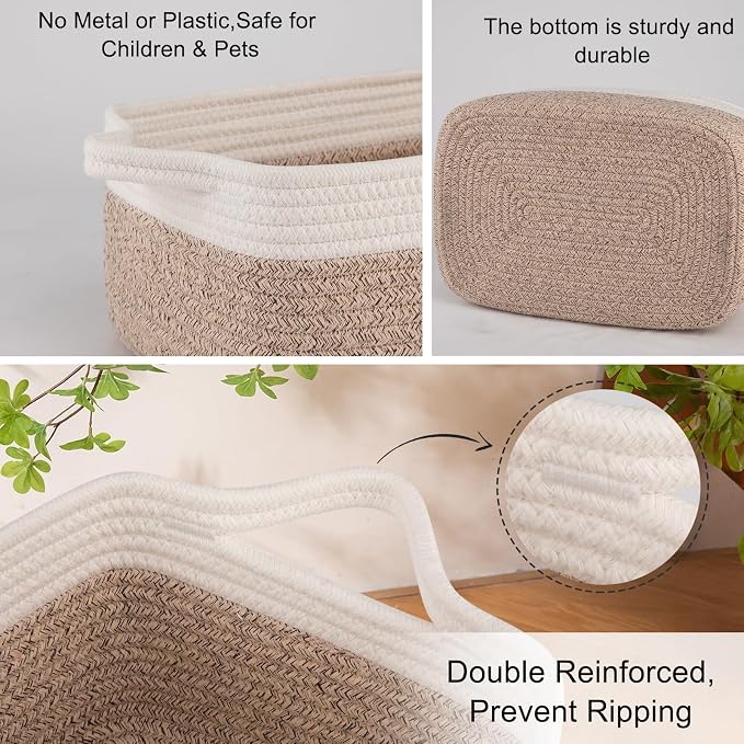 OIAHOMY 3 Pack Storage Baskets for Organizing, Woven Cotton Rope Basket for Shelves, Closet Organizer Bins with Handles, Rectangle Toy Organization, 13.78''×9.84''×5.5'', Brown & White - Image 4