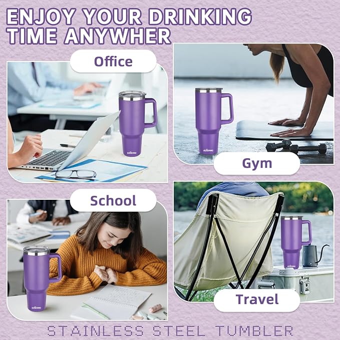 40 oz Insulated Coffee Mug with Ceramic Coating, Stainless Steel Travel Mug Tumbler with Handle Lid and Straw, Double Wall Leak-Proof Coffee Travel Mug Keeps Drink Hot and Cold (Purple) - Image 7