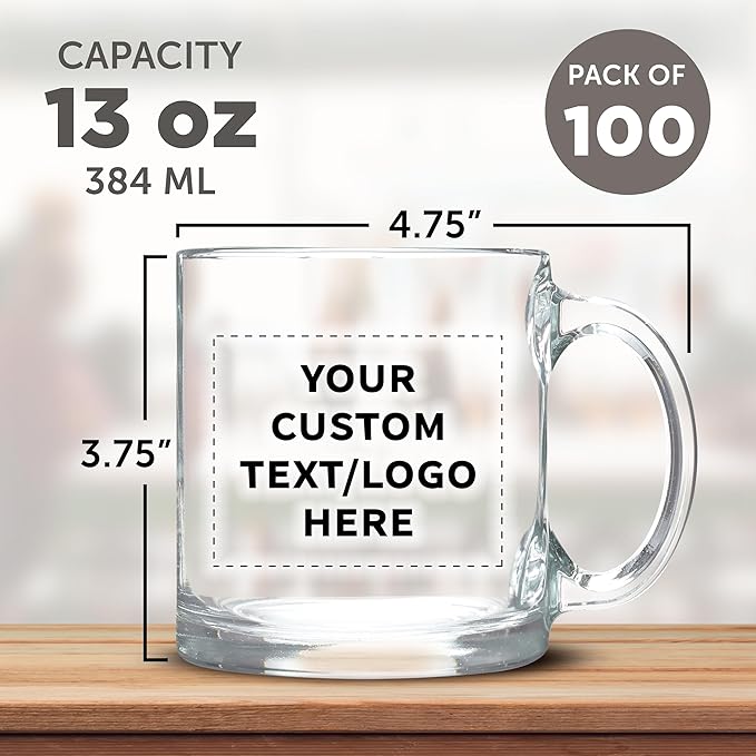 Custom Libbey Clear Glass Coffee Mugs 13 oz. Set of 100, Personalized Bulk Pack - Perfect for Coffee, Tea, Espresso, Hot Cocoa, Other Beverages - Clear Bottom