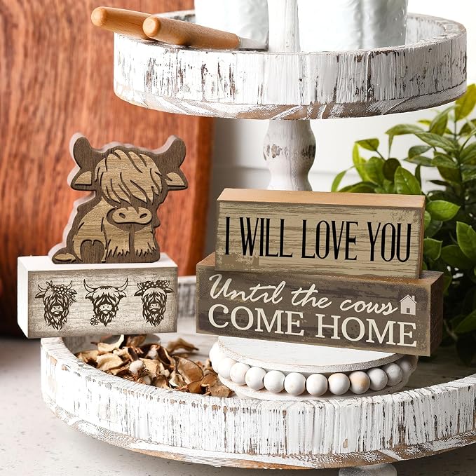 Moucuny 4 Pcs Highland Cow Table Decorations Rustic Western Tiered Tray Decor Decorative Highland Cow Block Signs Western Tabletop Centerpieces Farmhouse for Home Desk Room Kitchen Shelf Decor - Image 4