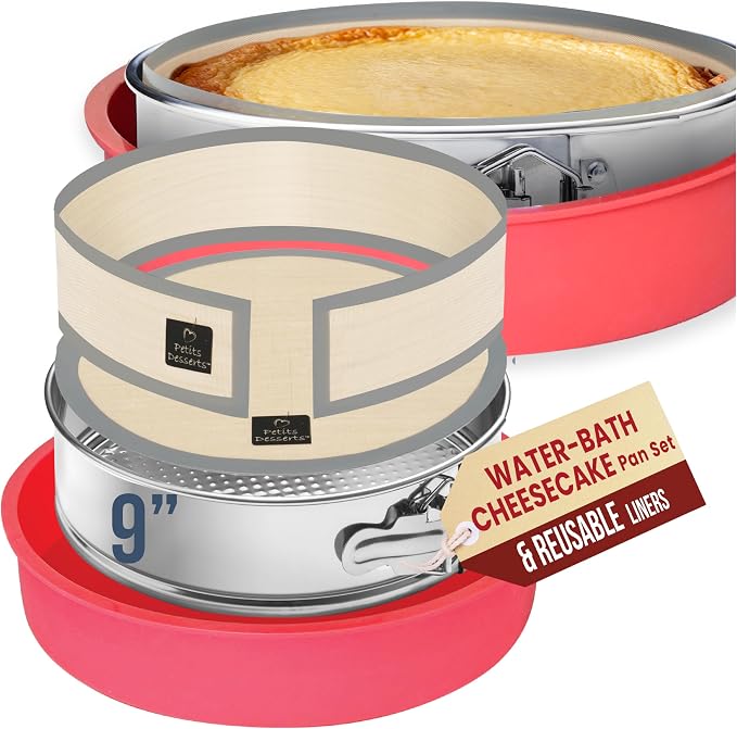 Cheesecake Pan, 9 Inch Springform with 2 REUSABLE NON-STICK Silicone LINERS | with Silicone Sleeve for WATER BATH BAKING, DISHWASHER SAFE Components, 0.4 mm Stainless Steel Pan, Spring-Lock Latch by PetitsDesserts