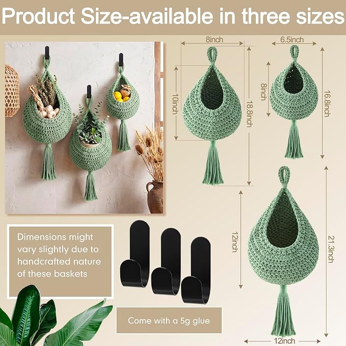 Honeydak Boho Decor Hanging Wall Baskets for Kitchen 3 Pack Teardrop Baskets with Hooks Storage Fruit Onion Vegetable Potato for Home 3 Sizes (Sage Green,Tassel,Cotton Rope) - Image 2