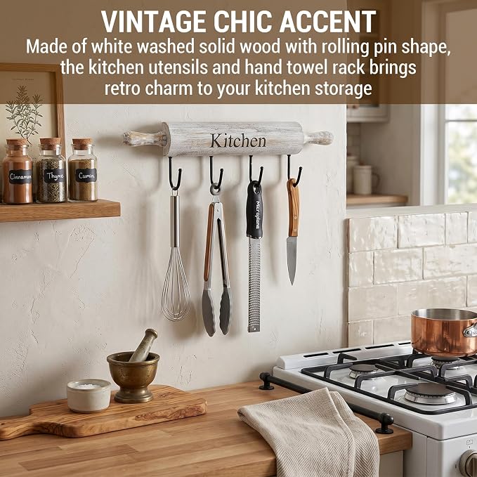 MyGift White Washed Wood Kitchen Utensil Rack with 4 Hooks, Wall Mounted | Rustic white wood and a rolling pin design add charm to this wall rack with four hooks for aprons, towels, mugs, and utensils - Image 2