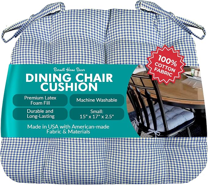 Barnett Home Decor Madrid Dark Blue Dining Chair Pad with Ties - 15 x 17 Size Small Chair Cushion - Latex Foam Fill - Machine Washable, Reversible, 100% Cotton, Made in USA (Gingham Check) by BarnettHomeDecor