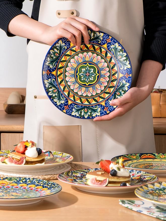 Henten Home Ceramic Dessert Plates Set of 6, 8.5 Inch Porcelain Salad Plate, Colorful Bohemian Style Serving Dishes for Cake, Snack, Appetizer, Decorations, Dishwasher & Microwave Safe - Image 4