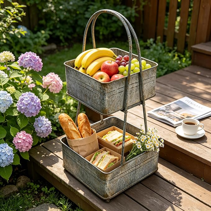 Vintage Metal Storage Basket 2-Tier 25.98" H Farmhouse Distressed Kitchen Counter Organizers Rustic Double-Layer Organizing Bin for Kitchen Pantry (Gray) by Unknown