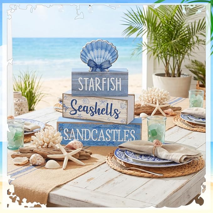 Moucuny 4 Pcs Nautical Beach Decor Shell Tiered Tray Decoration Blue Bow Table Centerpieces Summer Rustic Decorative Block Signs Gift Farmhouse Table Sign for Home Kitchen Shelf - Image 6