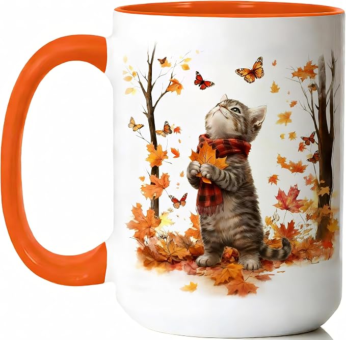 Cat Mug for Cat Lovers, Cute Kitten Fall Coffee Mugs, White, 15oz | Ceramic, Maple Leaf Tea Cup with Orange Handle, Ideal for Hot & Cold Drinks, Fun Novelty Gift for Women, Coworkers by BORULEEY