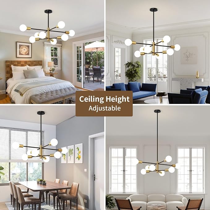 Sputnik Chandeliers Moderna Light Fixture, 8 Lights Black and Gold Mid Century Ceiling Chandelier, Height Adjustable for Living Room, Kitchen, Dining Room, Bedroom,Foyer - Image 3