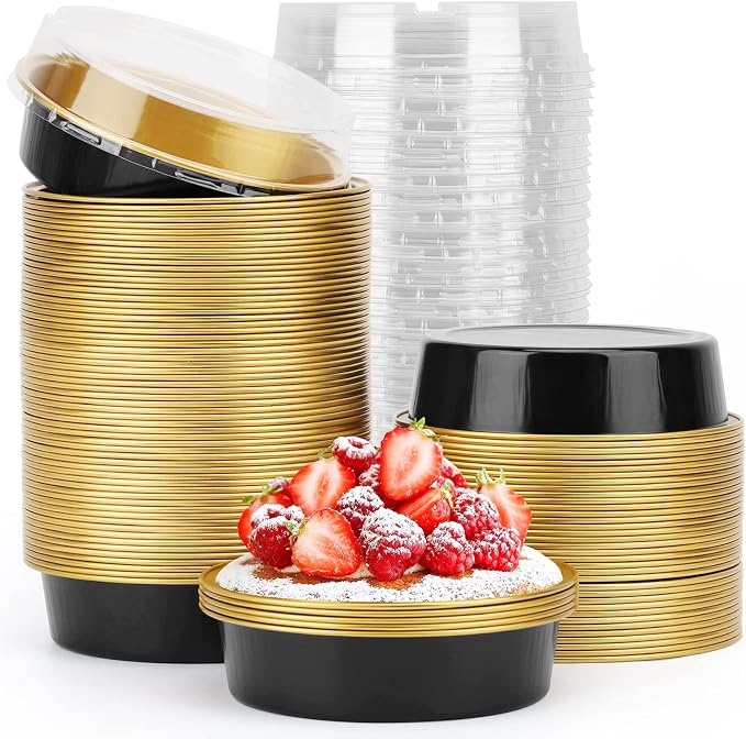 Beasea Aluminum Cupcake Pans With Lids, 4 Inch 100 Pack Disposable Pie Pans For Cake, 8 Oz Aluminum Pie Pan Tin Black Golden Tart Pans Round Oven Baking Mini Cake Pan For Pie Tart Quiche by Beasea
