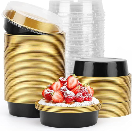 Beasea Aluminum Cupcake Pans With Lids, 4 Inch 100 Pack Disposable Pie Pans For Cake, 8 Oz Aluminum Pie Pan Tin Black Golden Tart Pans Round Oven Baking Mini Cake Pan For Pie Tart Quiche by Beasea