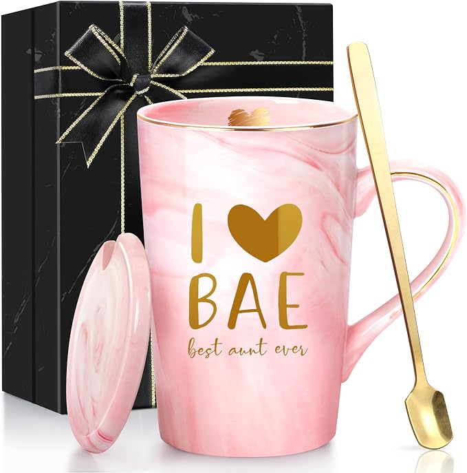 ShinnyWis Aunt Gifts for Aunts from Niece - Mothers Day Birthday Gifts for Aunt, 14Oz Pink Marble Ceramic Coffee Mugs Print with Real Gold, BAE Best Aunts Auntie Ever Gift Mug with Lid Spoon Card - Image 2