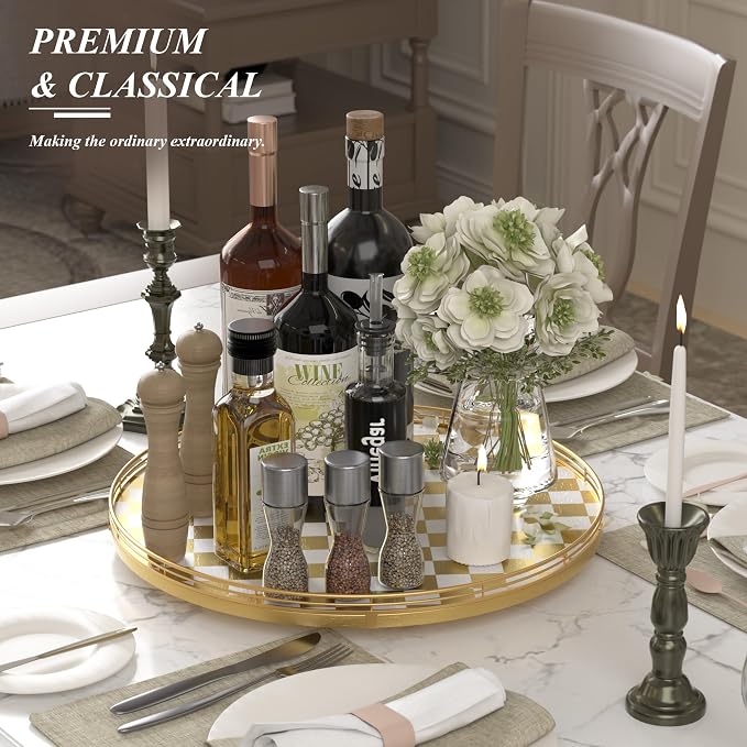 Gold and White Checkerboard Lazy Susan with Rubberwood Base and Metal Rail | Smooth rotating oak tray with walnut finish for dining tables, kitchen counters, pantries and cabinet storage. - Image 3